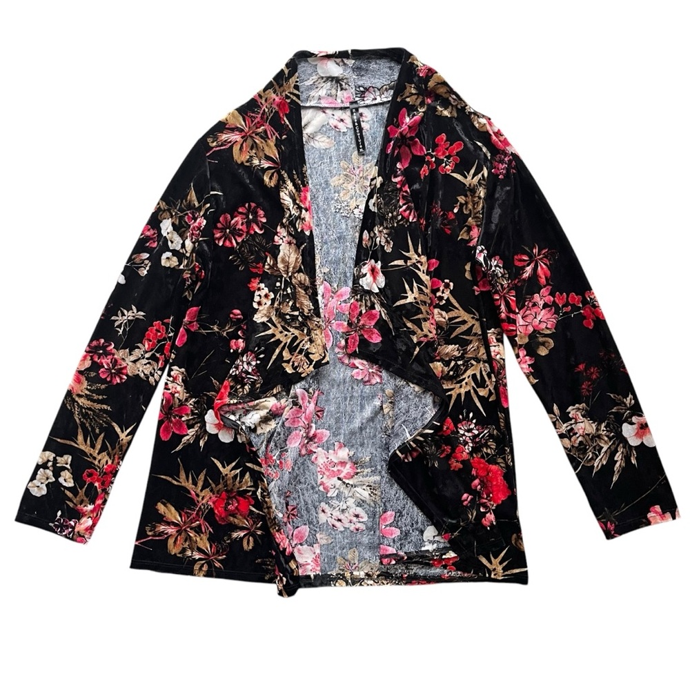Rags & Couture Women’s XL Black Pink Floral Velvet Open Drape Waterfall Cardigan